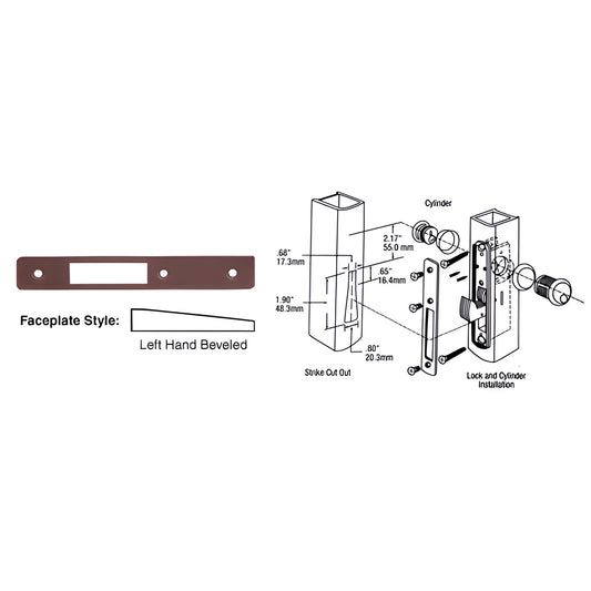 CRL DL2134DU dark bronze left-hand beveled faceplate 1 x 6-7/8 in for deadlocks, shown with installation diagram