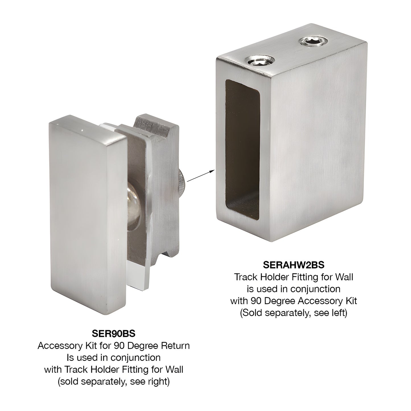 SER90BS brushed stainless 90 connector for monolithic glass, Serenity series - compact block with mounting screw