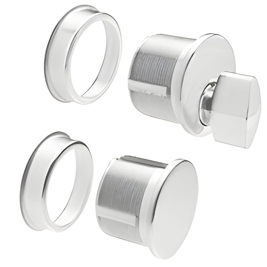 Satin anodized mortise keyed cylinder combo set (DRA2030SA) with thumbturn and two escutcheons for glass door rails.