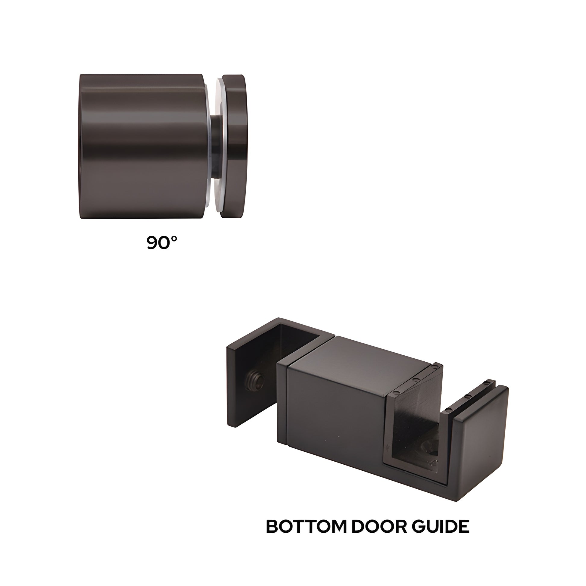 Matte black stainless steel Colonia 90 accessory kit and replacement bottom guide for sliding shower door.