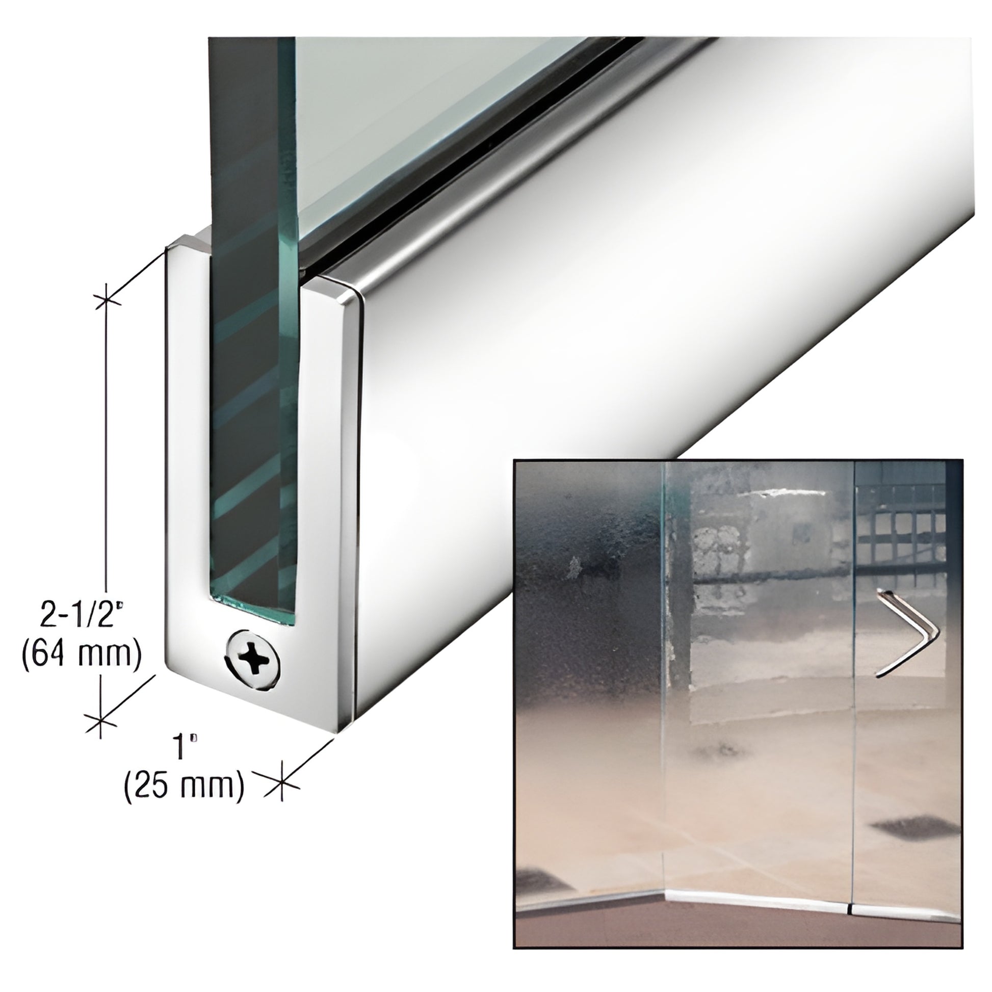 Polished stainless slender profile door rail SP64PS12S for 1/2" tempered glass, 2-1/2" x 1" (64 25 mm).
