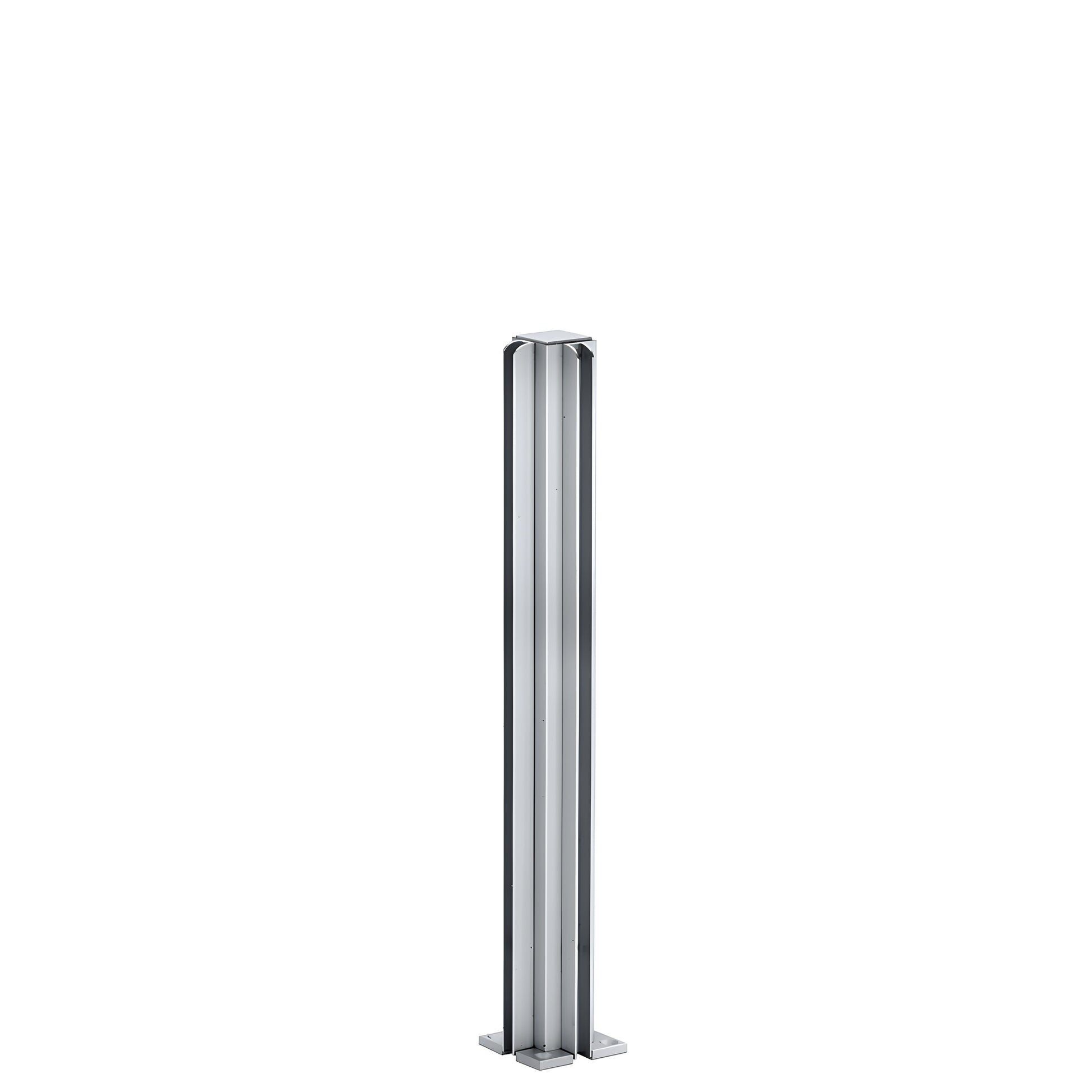 Satin anodized aluminum 90 corner partition post (D990A16CR) with U-channel glazing for 1/4" glass, square base.