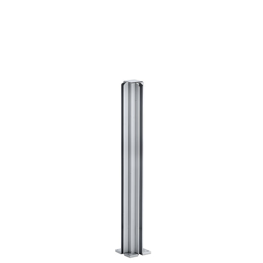 Satin anodized aluminum 90 corner partition post (D990A16CR) with U-channel glazing for 1/4" glass, square base.
