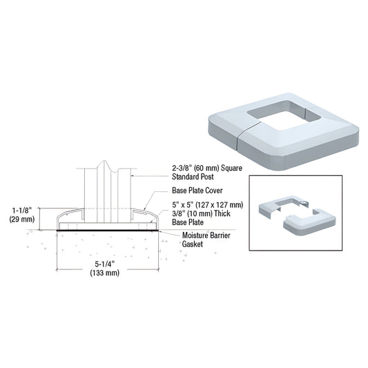 CVR5M 5 in square aluminum base plate cover, mill finish, fits 2-3/8 in (60 mm) square posts, low-profile.