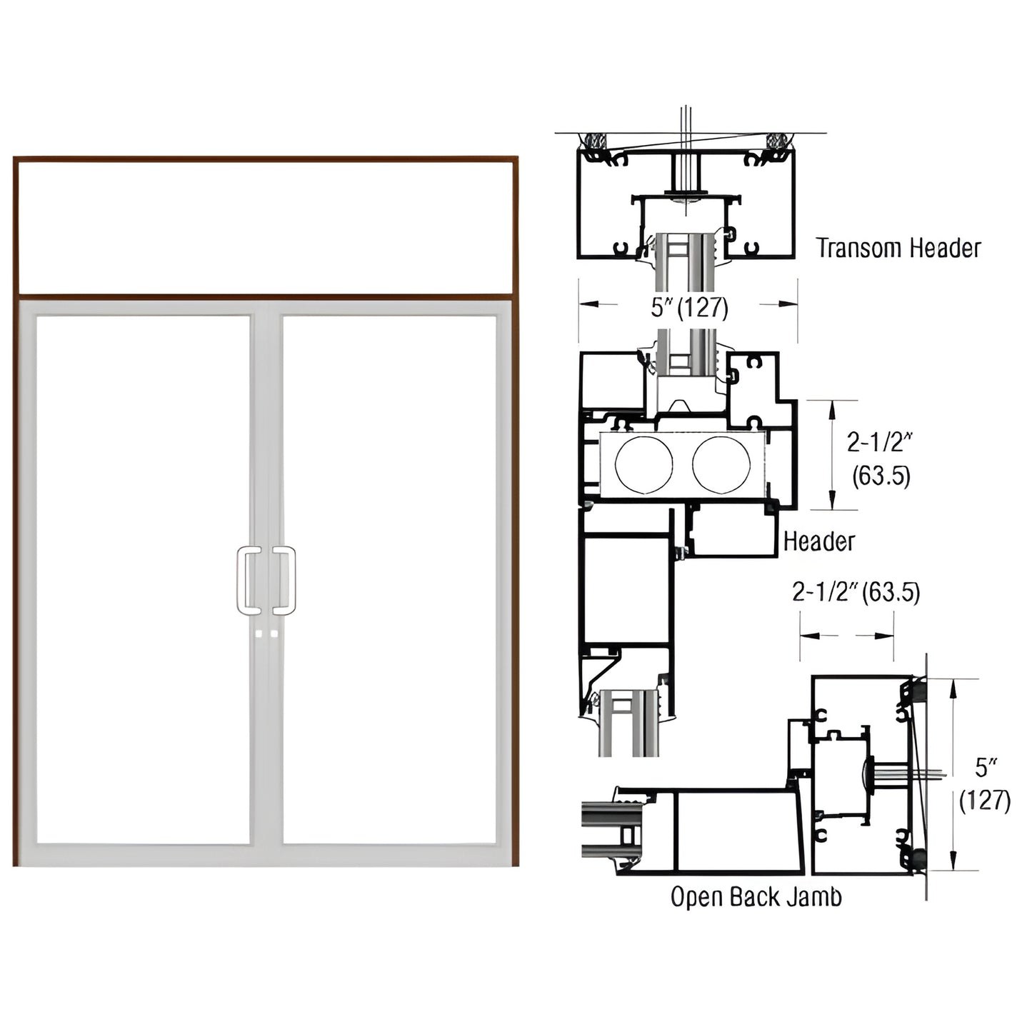 Double transom door frame SKU 0F92422, black bronze anodized; pair-butt hinged double doors with transom and technical cross-