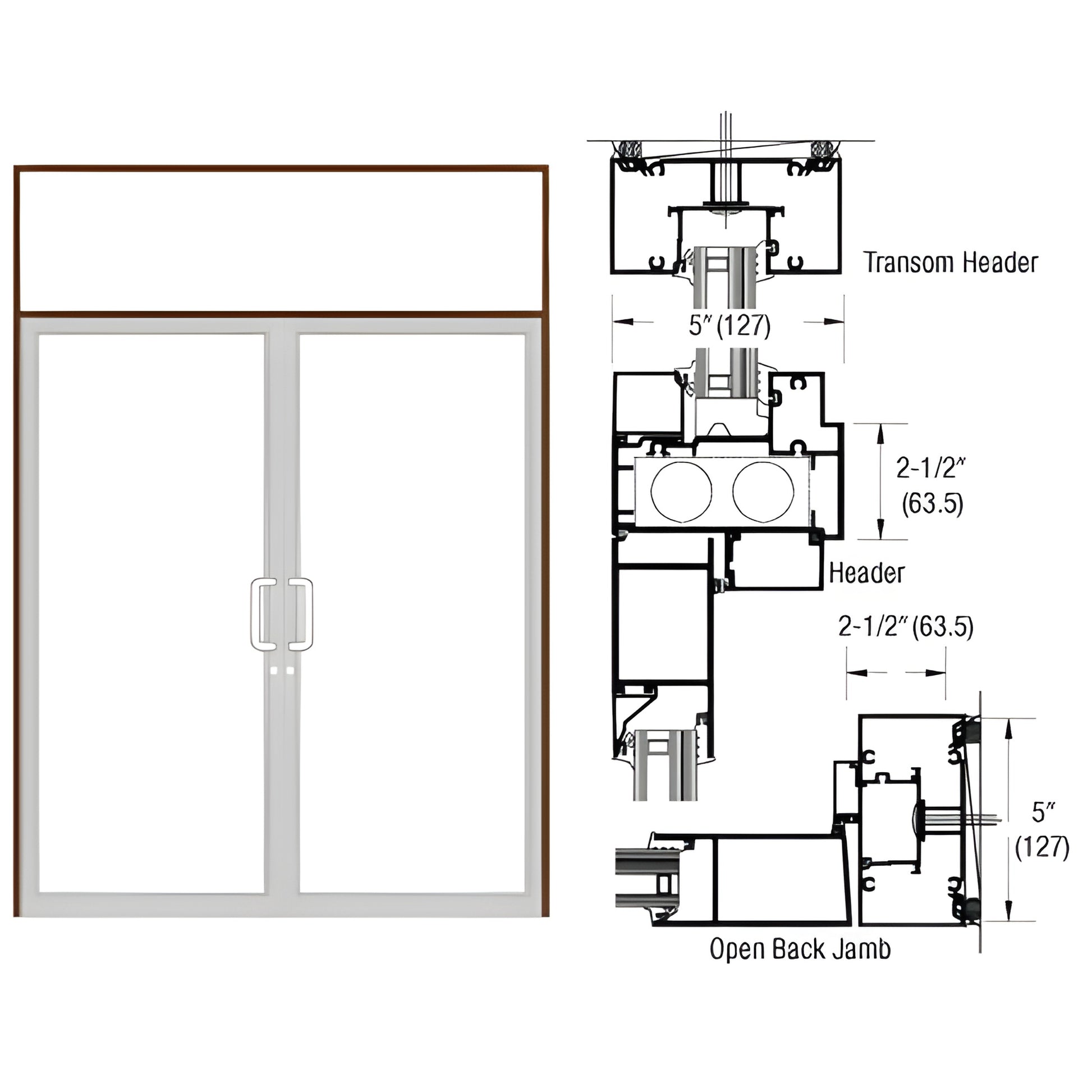 Double transom door frame SKU 0F92422, black bronze anodized; pair-butt hinged double doors with transom and technical cross-