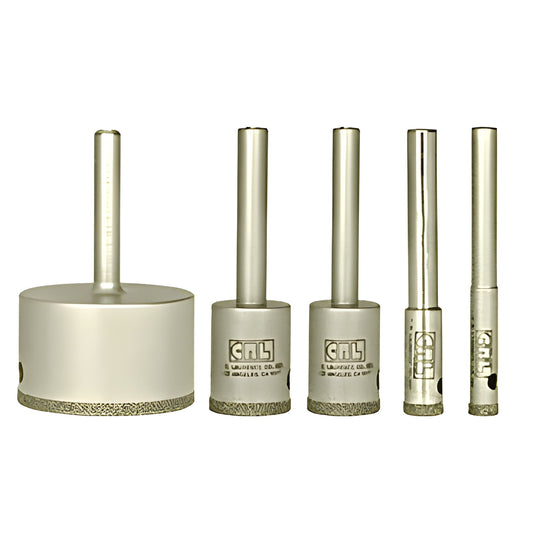 DDK5 plated diamond glass drill set, five sizes with 3/8" round shanks, continuous rim for clean holes
