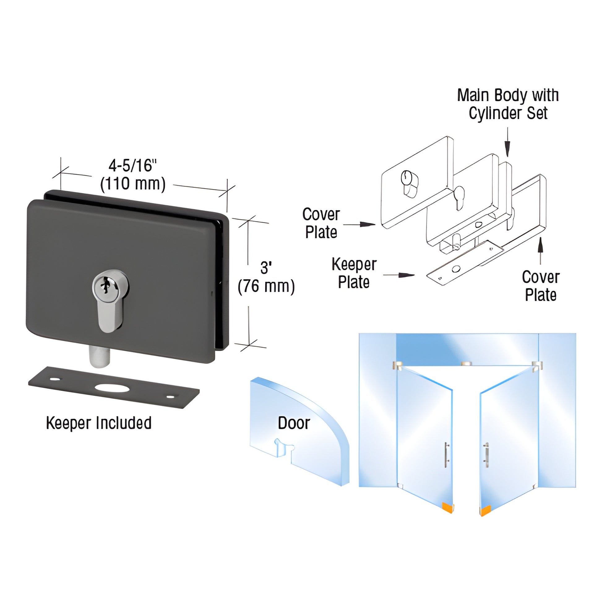 EUR680MBL matte black European glass patch lock with keyed cylinder and keeper, 3" high, fits 3/8"-1/2" tempered glass