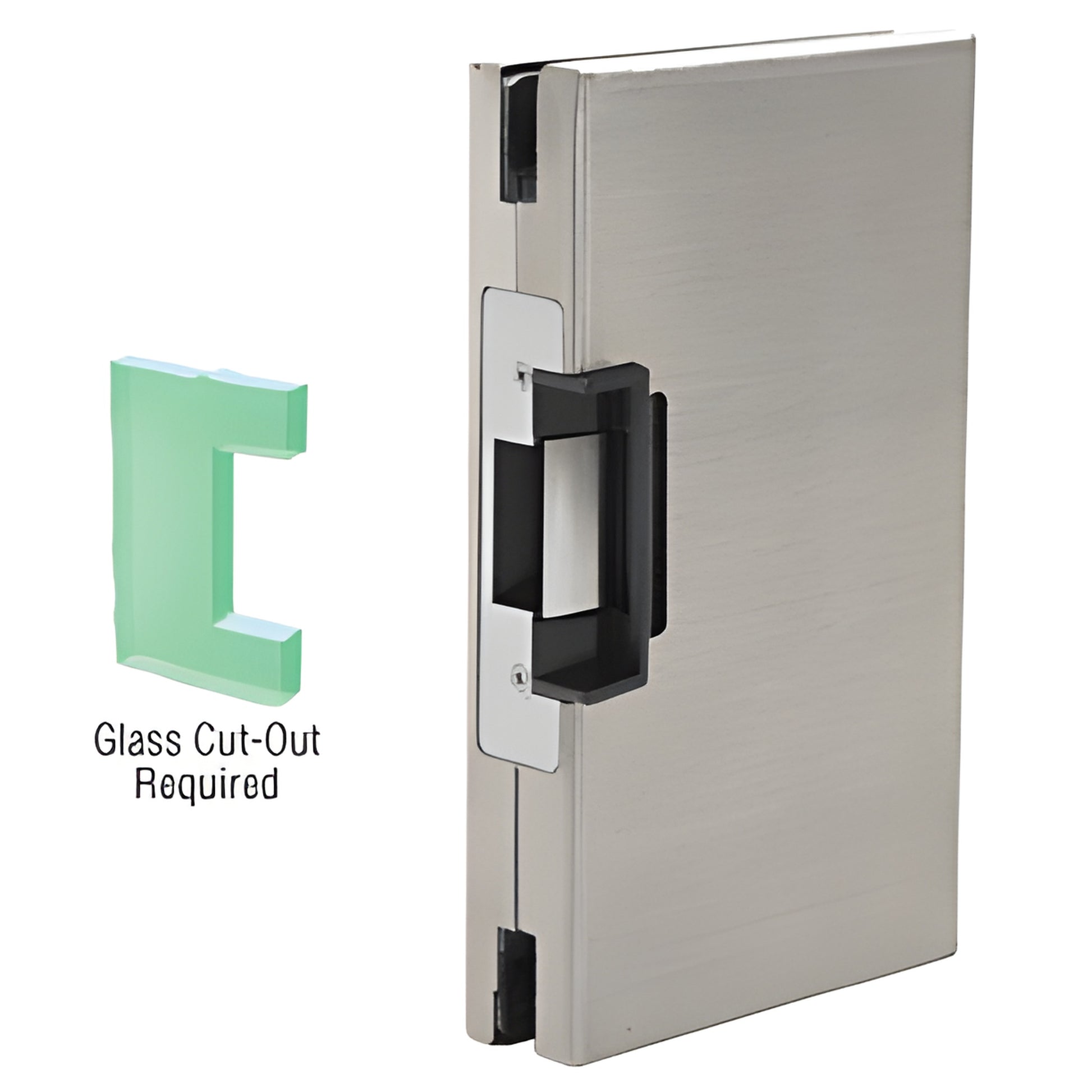 DLER610BS brushed stainless center lock glass keeper with 24V deadlatch electric strike; glass cut-out required