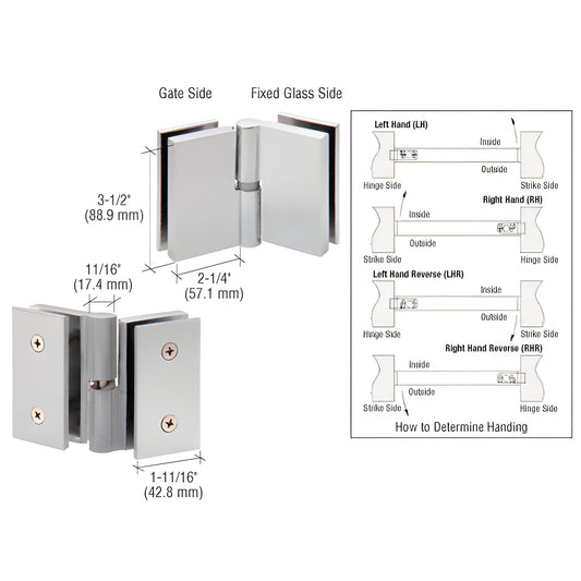 GH180RBS brushed 316 stainless right-hand self-closing glass-to-glass gate hinge for 10-12mm tempered glass, measurements sho