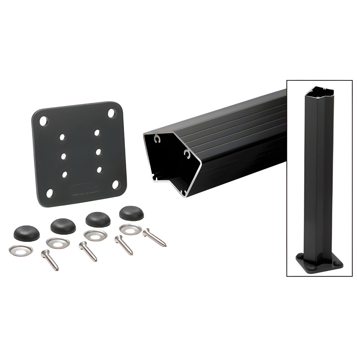 Matte black aluminum 135 glass railing post kit (P548KBL) with base plate, gasket, screws, washers, cover buttons.