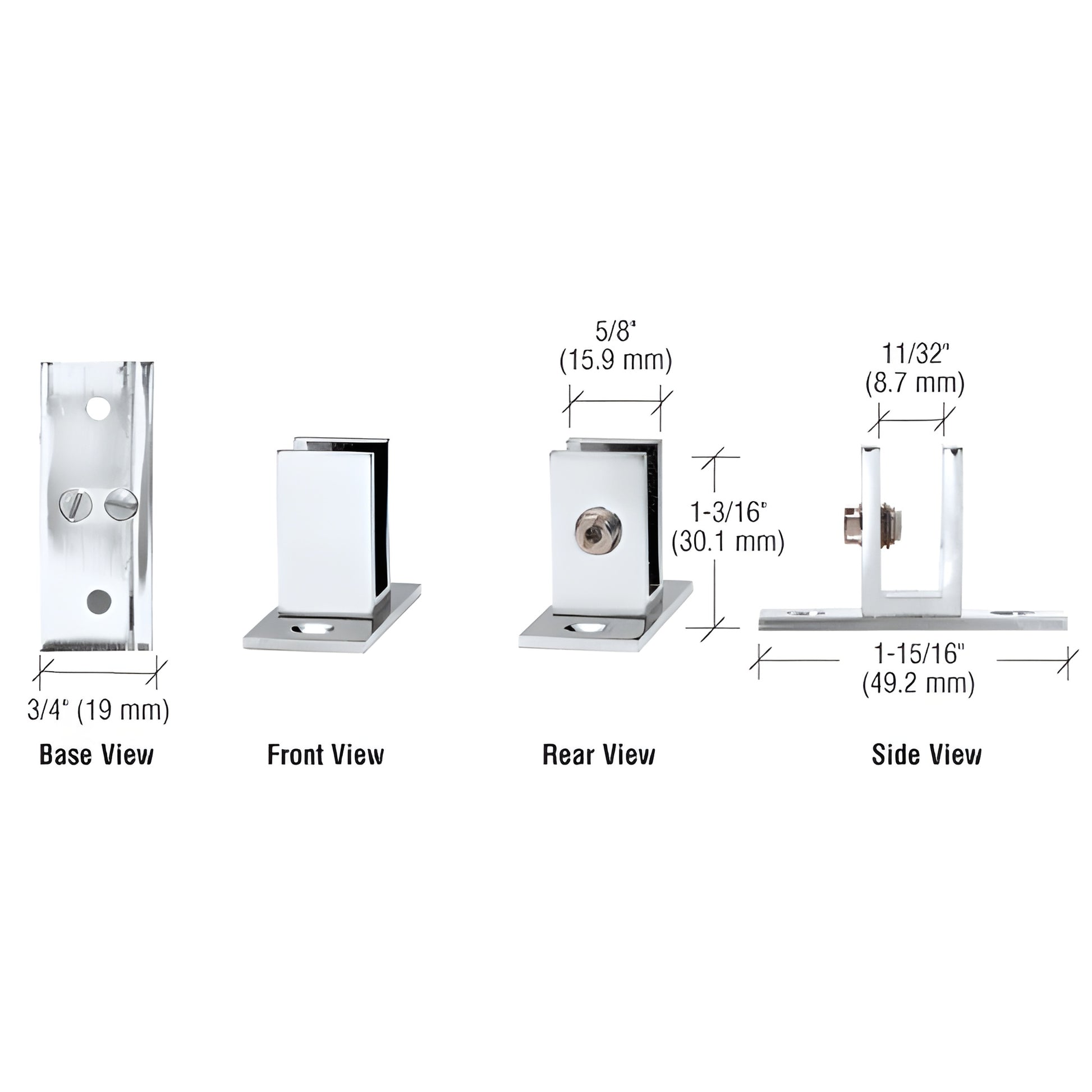 EH46 polished chrome brass short leg set screw glass clamp, for 6-8mm tempered glass; base/front/rear/side views, dimensions.