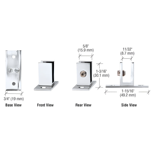 EH46 polished chrome brass short leg set screw glass clamp, for 6-8mm tempered glass; base/front/rear/side views, dimensions.