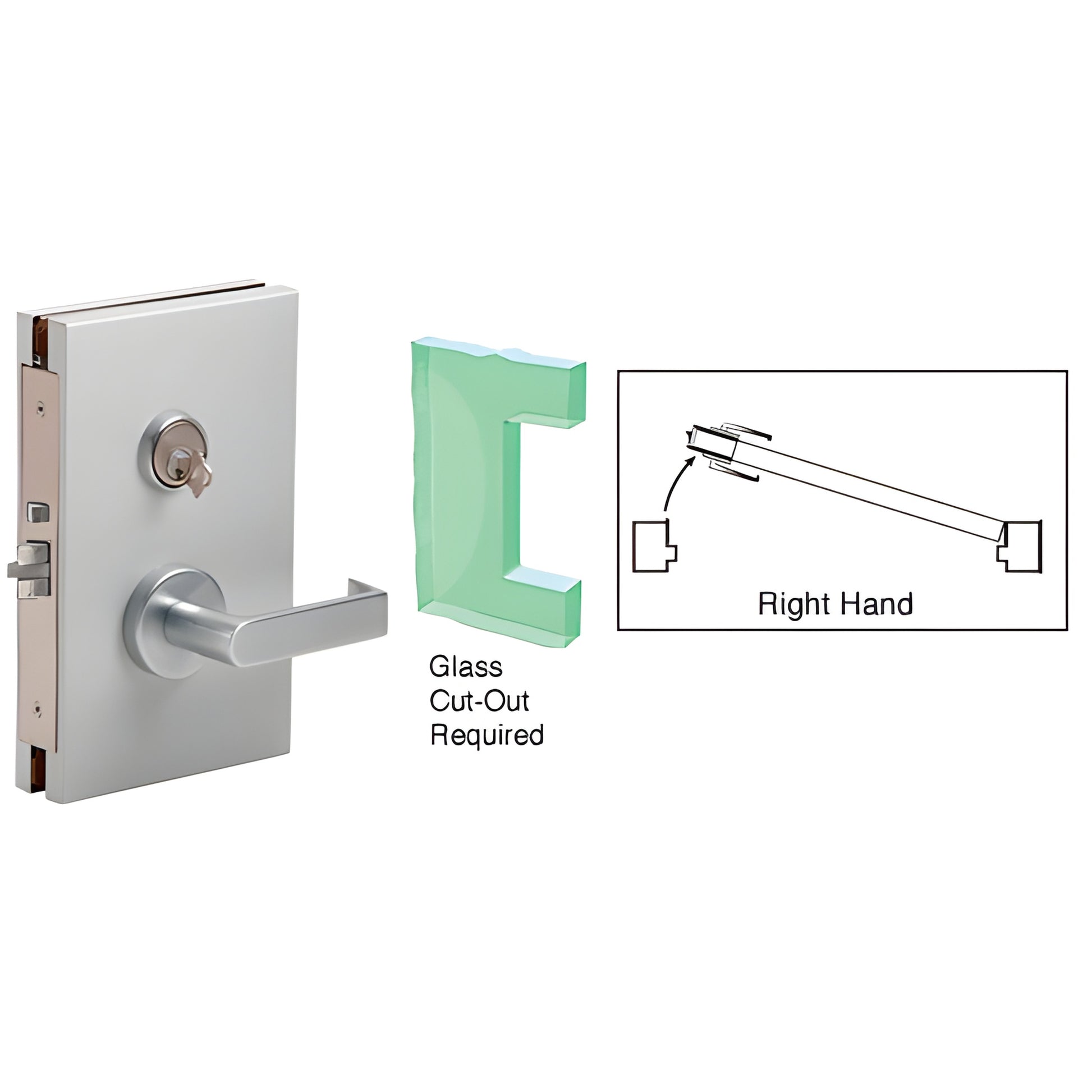 DL610RSSC 6x10 satin anodized center deadlatch for 1/2" tempered glass lever handle, right-hand shown