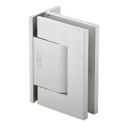 Satin anodized aluminum oil-dynamic wall-mount glass door hinge (self-closing, hold-open) - SKU H8011SA