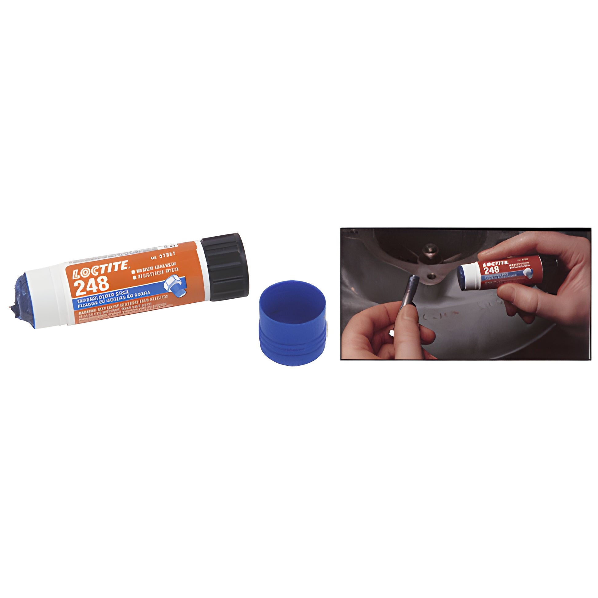 Loctite 248 blue threadlocker semi-solid stick with blue cap, shown with hands applying to a bolt - SKU 37087