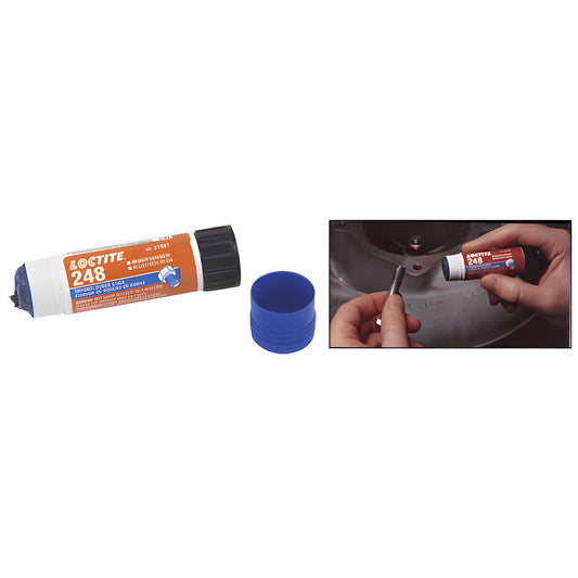 Loctite 248 blue threadlocker semi-solid stick with blue cap, shown with hands applying to a bolt - SKU 37087