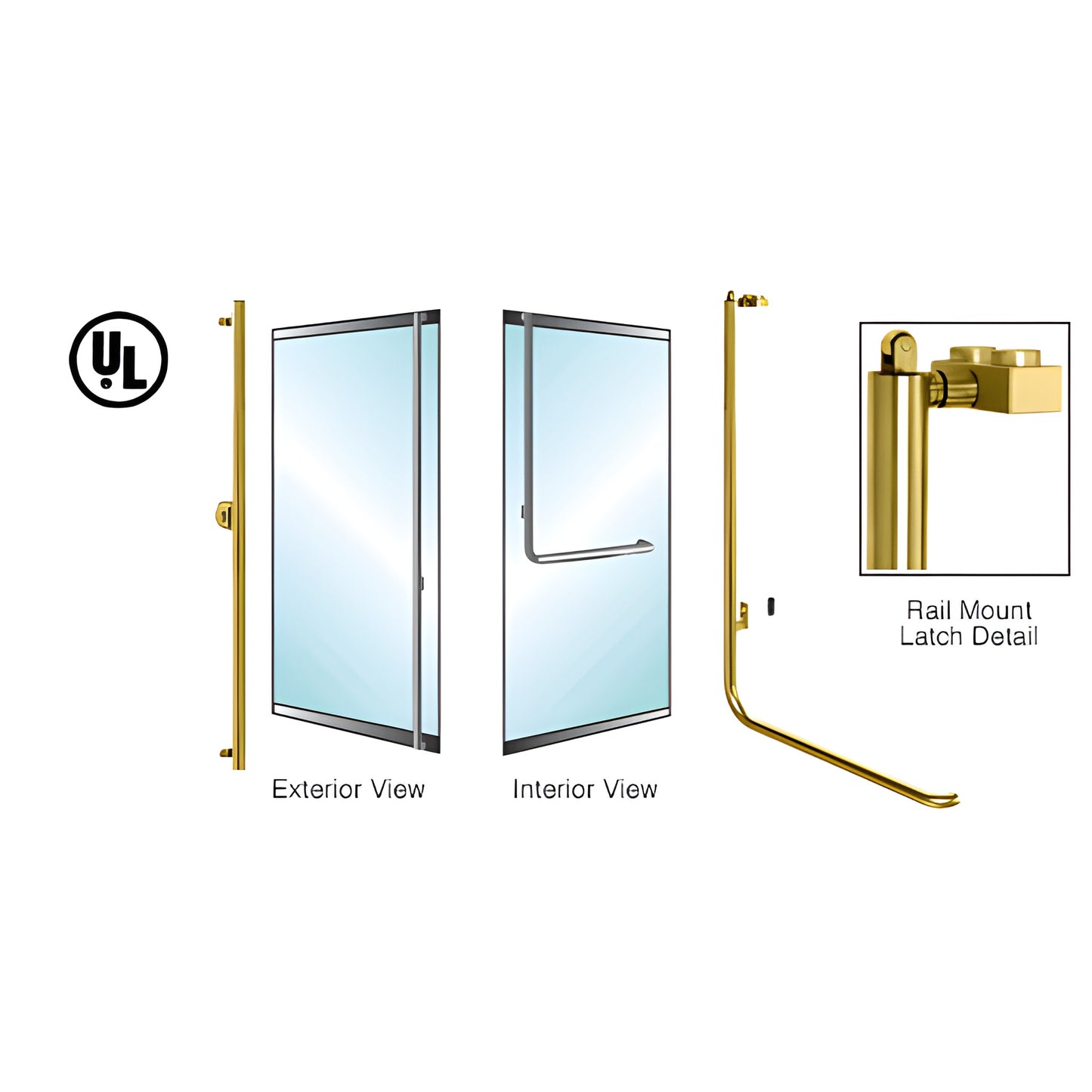 PA100 satin brass rail-mount panic handle for 3/4 in tempered glass doors, 1-1/4 in tube (SKU 3BP100F4RKSB)