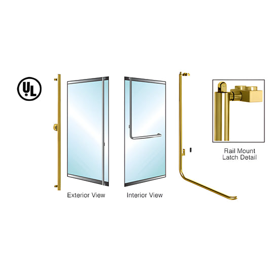 PA100 satin brass rail-mount panic handle for 3/4 in tempered glass doors, 1-1/4 in tube (SKU 3BP100F4RKSB)