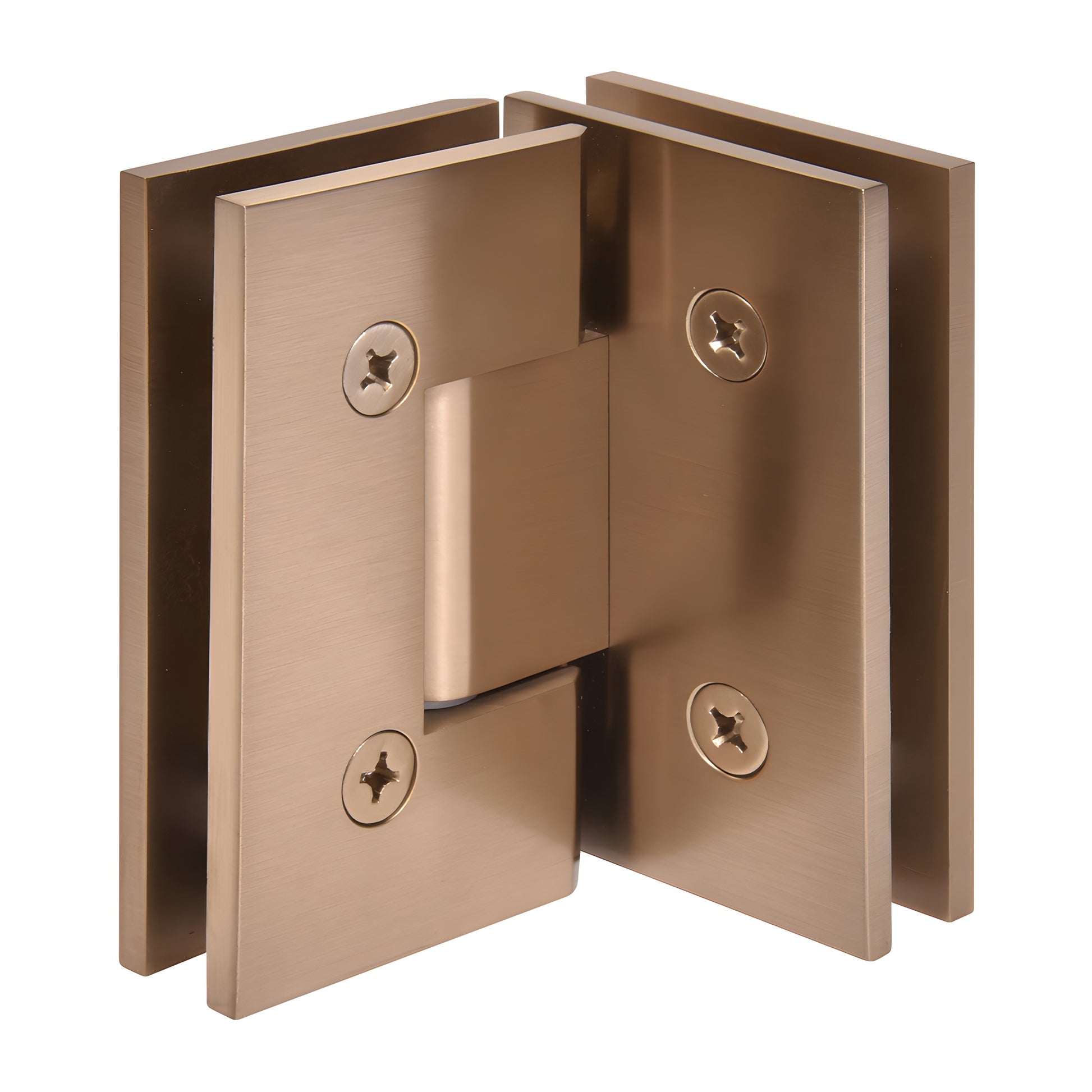 Vienna square-edge 90 glass-to-glass shower hinge, dark brushed bronze, solid brass, fits 10-12mm glass (SKU V1E092DBBZ)