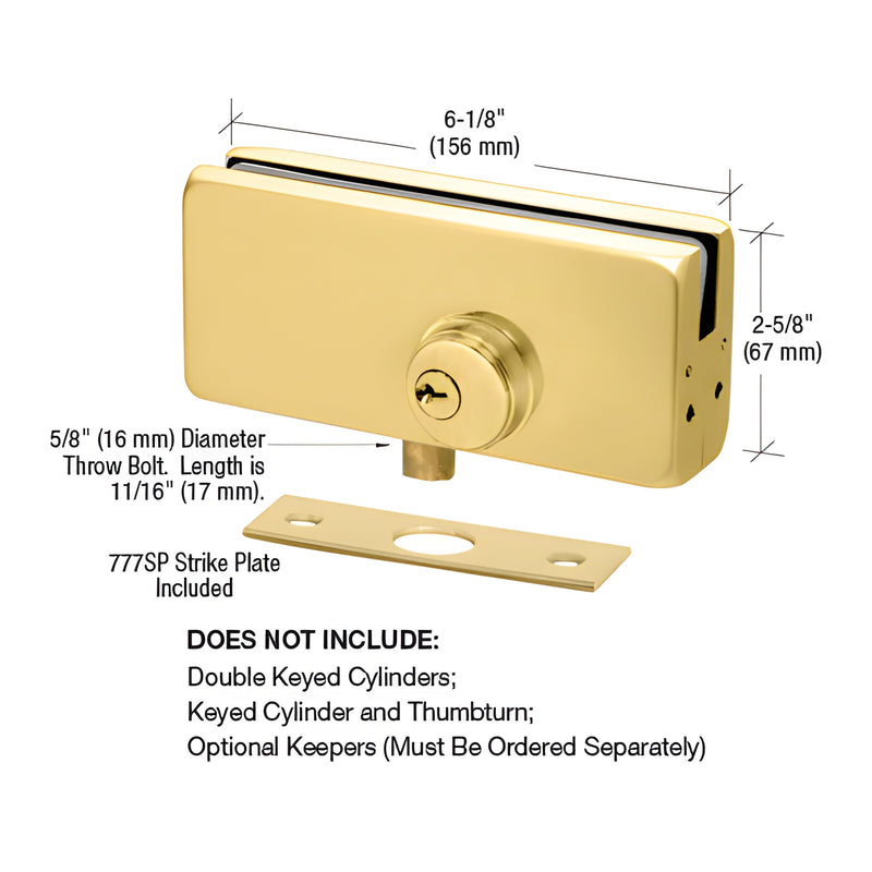 AMR215SB satin brass American-style patch lock for glass doors, 6-1/8 in 2-9/16 in, includes strike plate