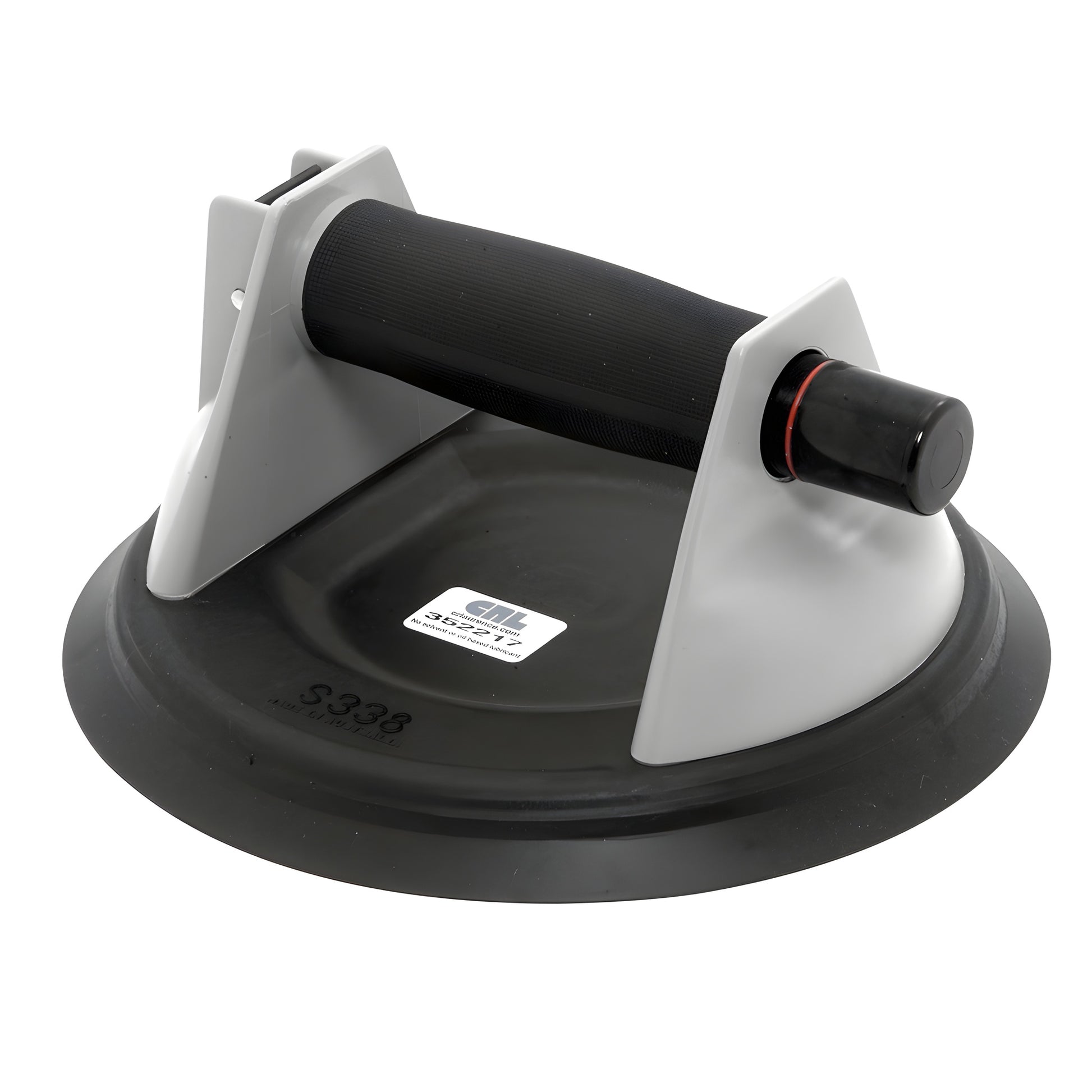 CRL Sure-Grip Vacuum Lifter S338 - 8" black rubber suction cup with gray frame, textured black handle and pump valve