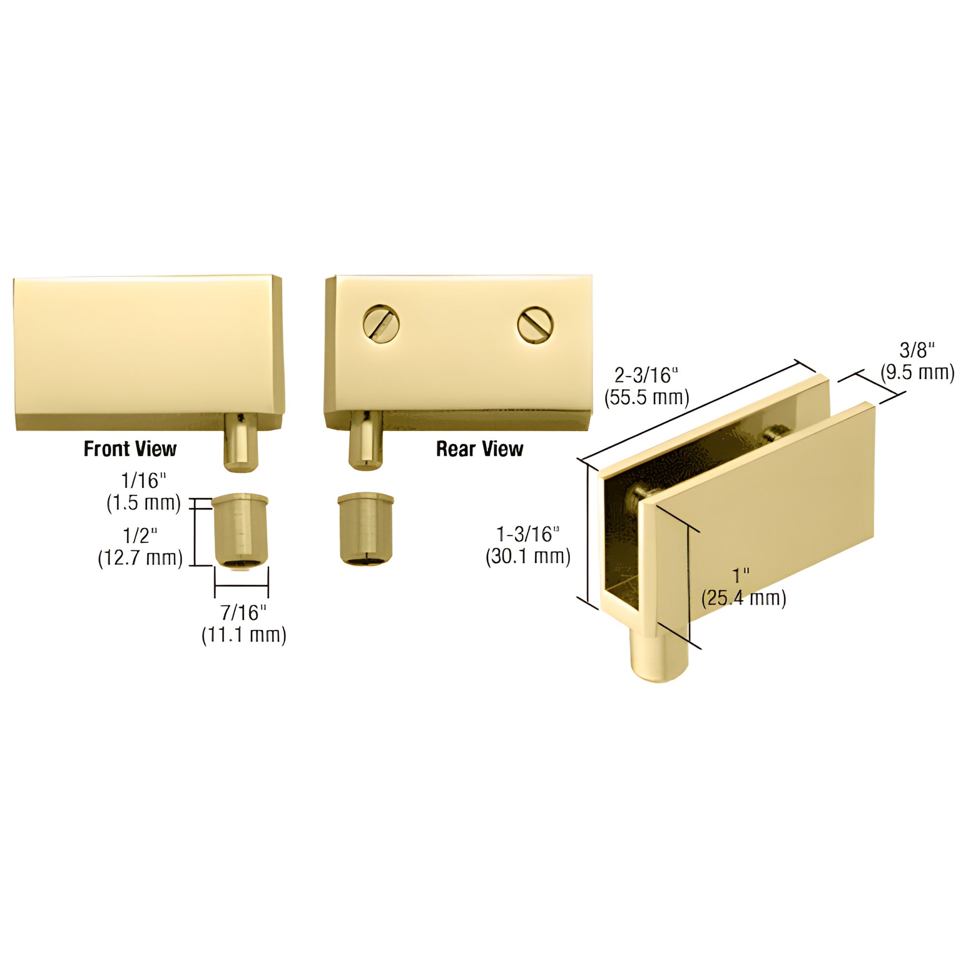 EH326 polished brass clamp-on wide glass door pivot hinge set for 1/4-5/16" (6-8mm) glass, top/bottom pair.