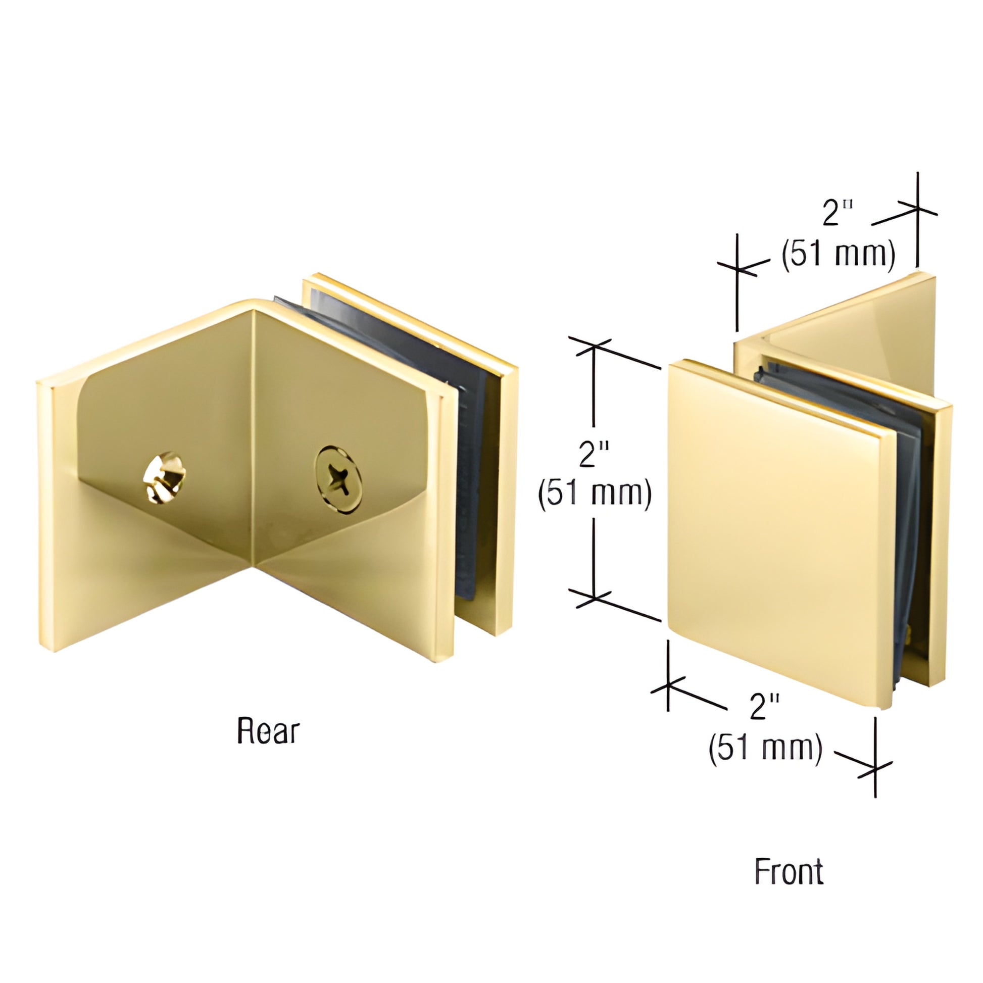 Polished brass SGC039BR square fixed-panel clamp, large 2" (51 mm) leg, front and rear views, for 3/8-1/2" glass