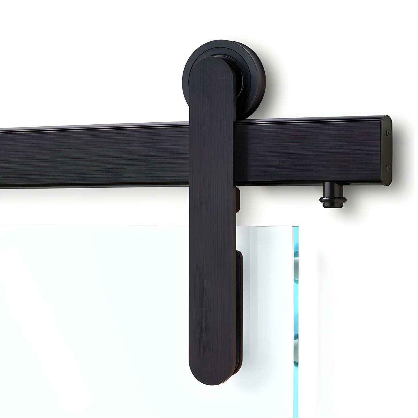 Black stainless Meridian sliding door hardware, 96 in. track and roller for 3/8-1/2 in. glass, SKU LAT34MERBLS