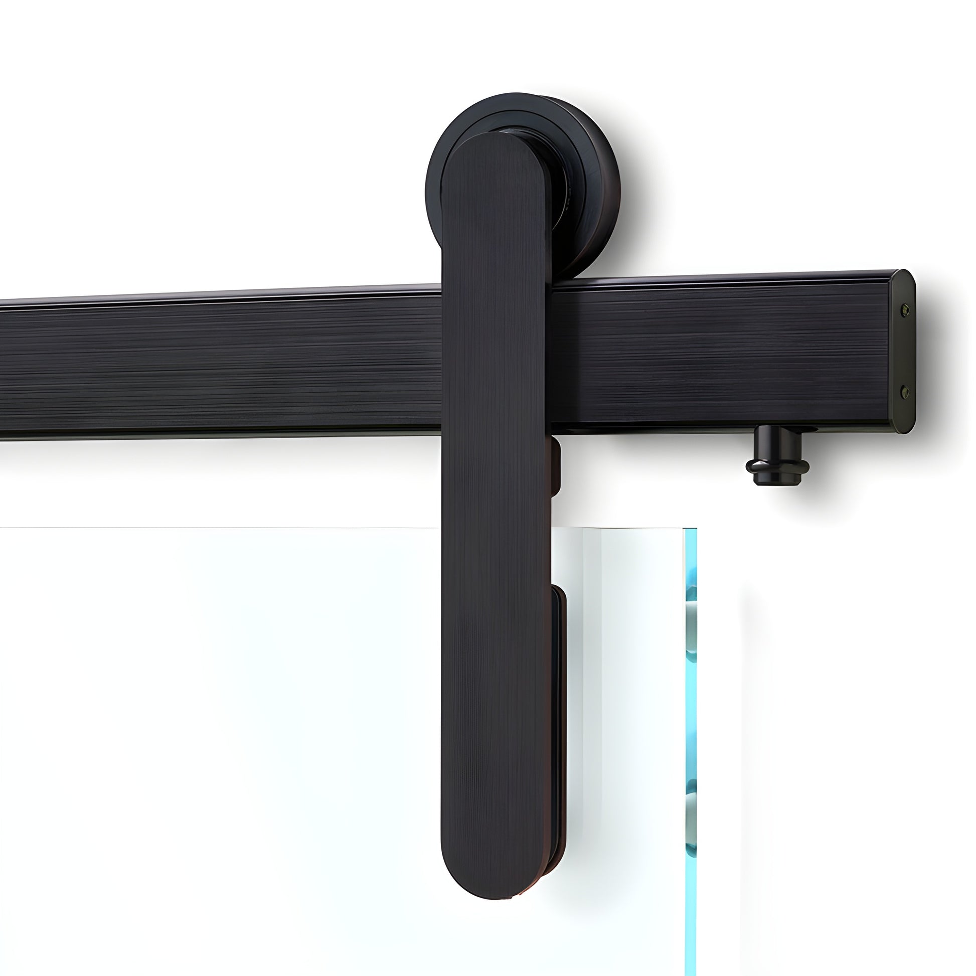 Black stainless Meridian sliding door hardware, 96 in. track and roller for 3/8-1/2 in. glass, SKU LAT34MERBLS