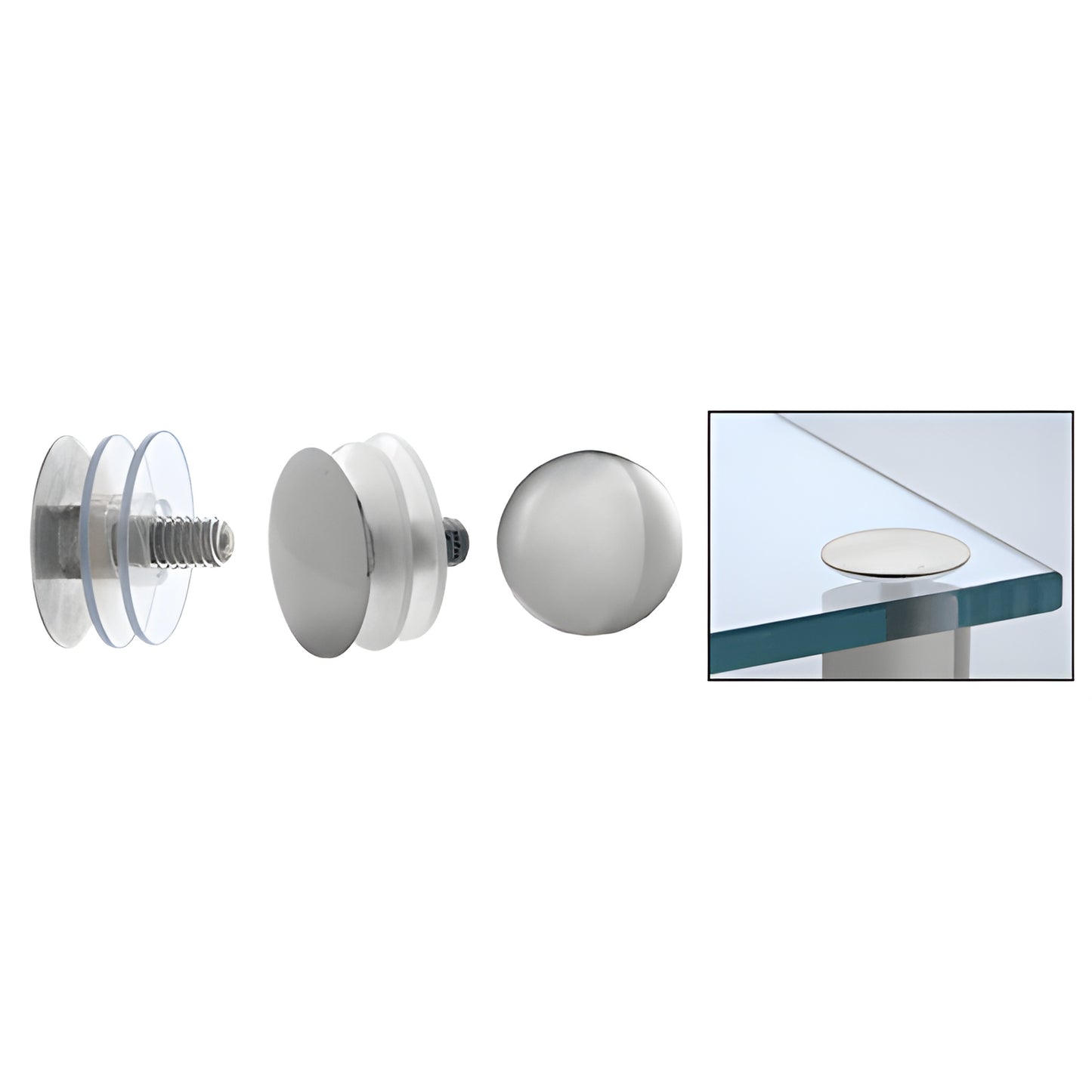 LPC112PS 1-1/2" polished 316 stainless low-profile cap assembly for glass standoffs, exploded and installed views.