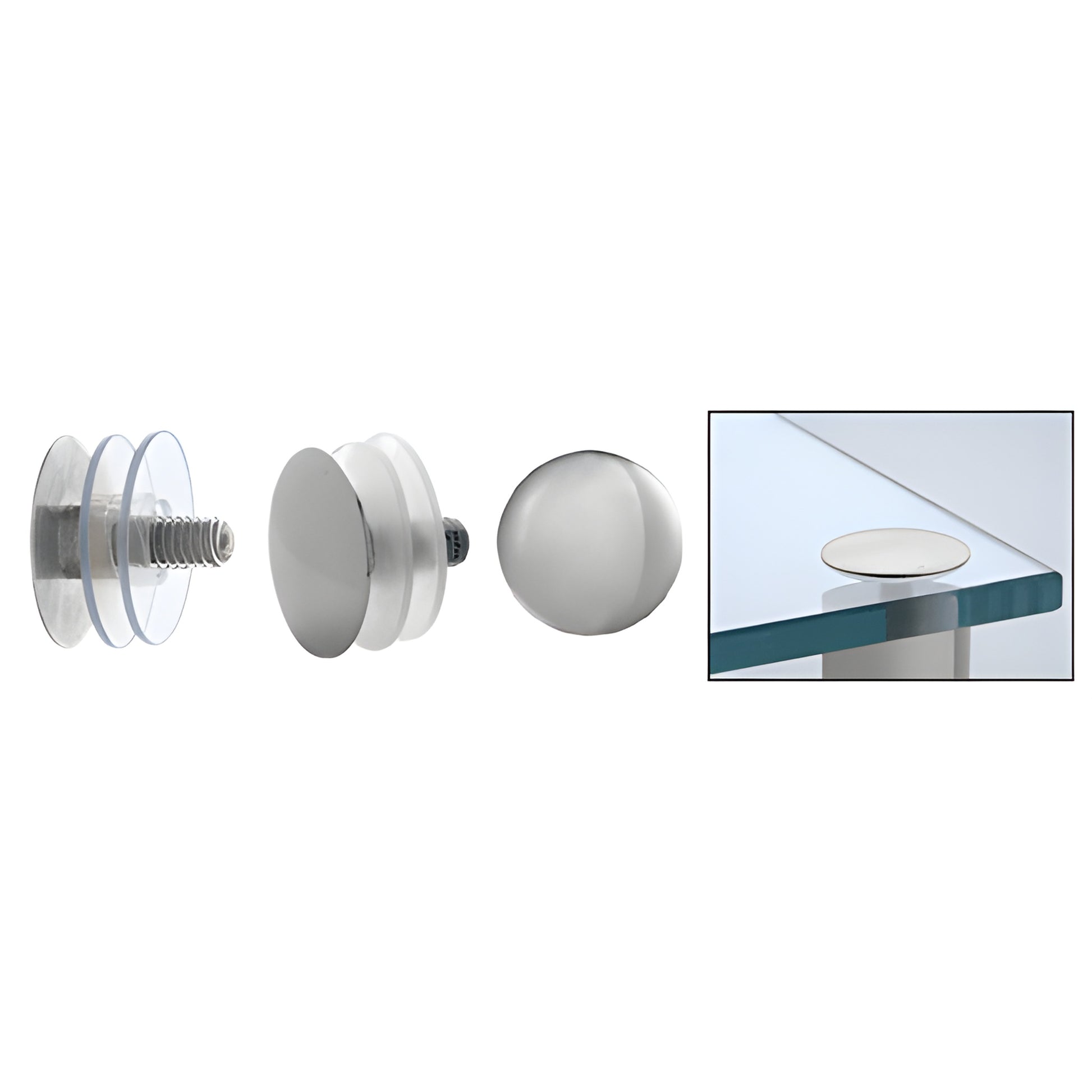 Polished stainless low-profile 1/8" standoff cap assembly (LPC114PS) with screw, vinyl washers and installed glass detail