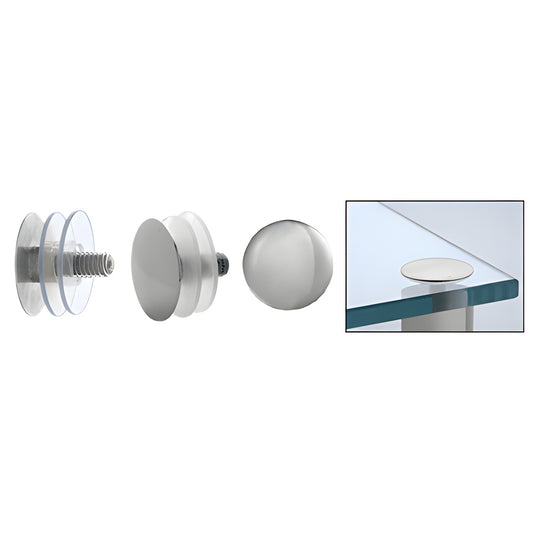 Polished stainless low-profile 1/8" standoff cap assembly (LPC114PS) with screw, vinyl washers and installed glass detail