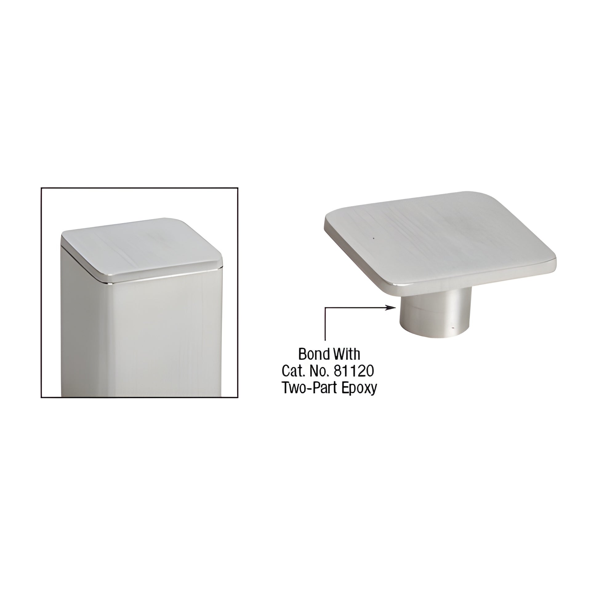 Brushed stainless steel square post cap for P-Series posts (SKU P1CAPBS), slip-in mount for finished top.