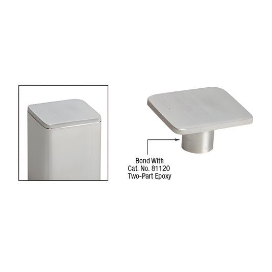 Brushed stainless steel square post cap for P-Series posts (SKU P1CAPBS), slip-in mount for finished top.