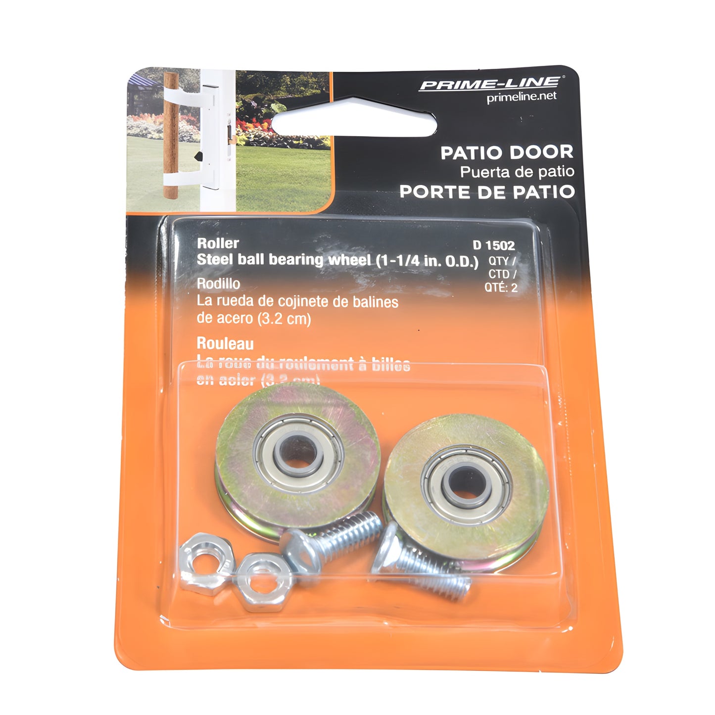 D1502 steel concave patio door roller, 1/4" mounting hole, includes 1/4-20 x 3/4" carriage bolt and nut.