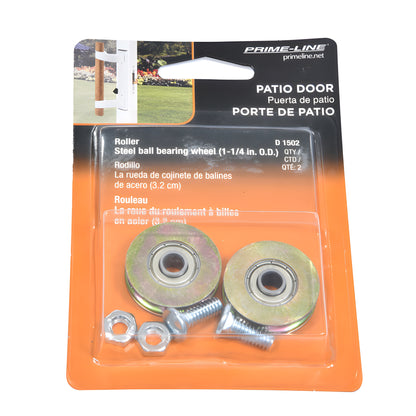 D1502 steel concave patio door roller, 1/4" mounting hole, includes 1/4-20 x 3/4" carriage bolt and nut.