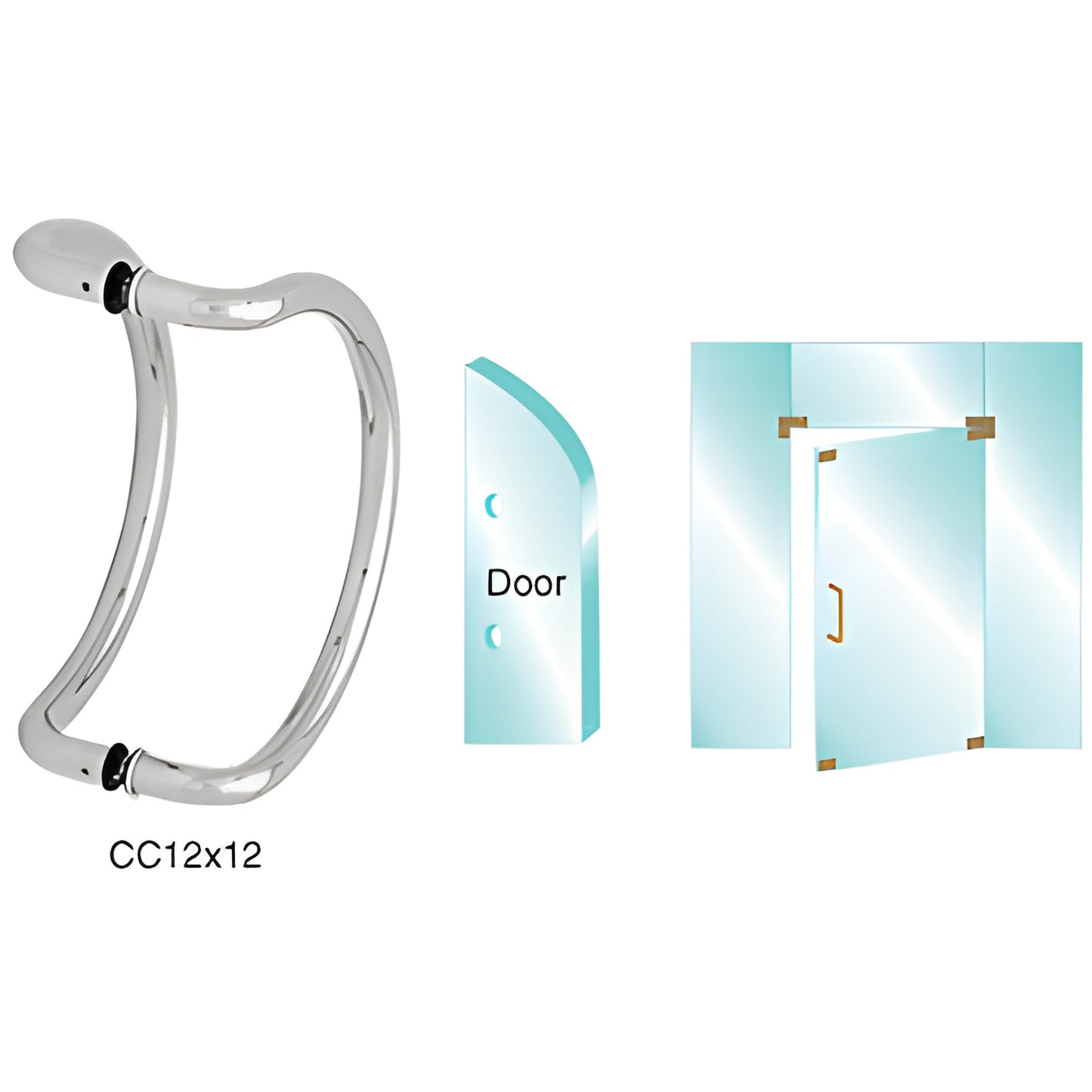 Polished stainless steel curved glass pull handle CC12X12PS, 1 in diameter, fits 3/8-3/4 in glass with 12 in center spacing