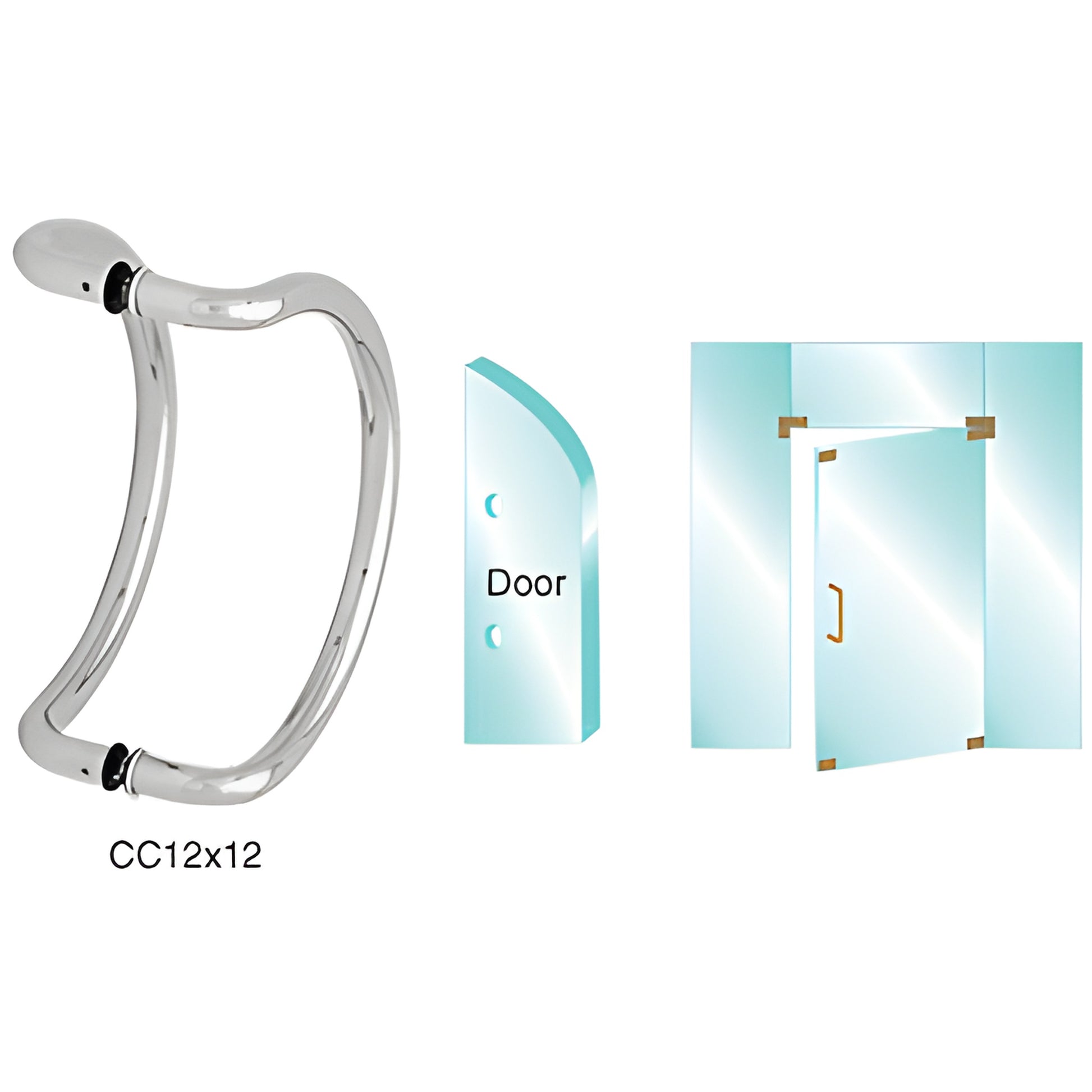 Polished stainless steel curved glass pull handle CC12X12PS, 1 in diameter, fits 3/8-3/4 in glass with 12 in center spacing