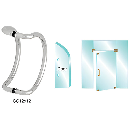 Polished stainless steel curved glass pull handle CC12X12PS, 1 in diameter, fits 3/8-3/4 in glass with 12 in center spacing