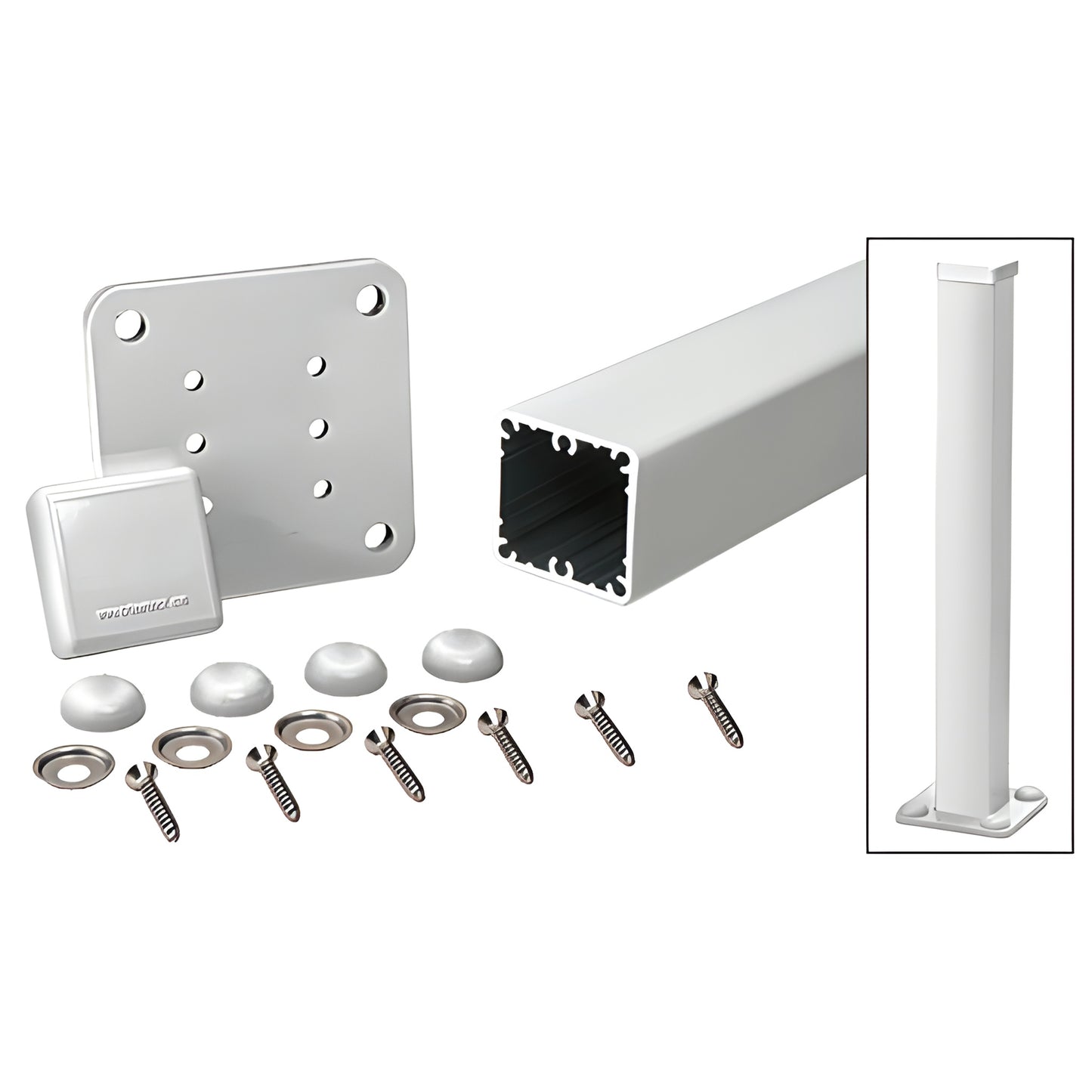 36in aluminum 2-3/8" square post kit, silver powder-coat with base plate, cap, gasket, washers and screws (SKU 1P36KS)