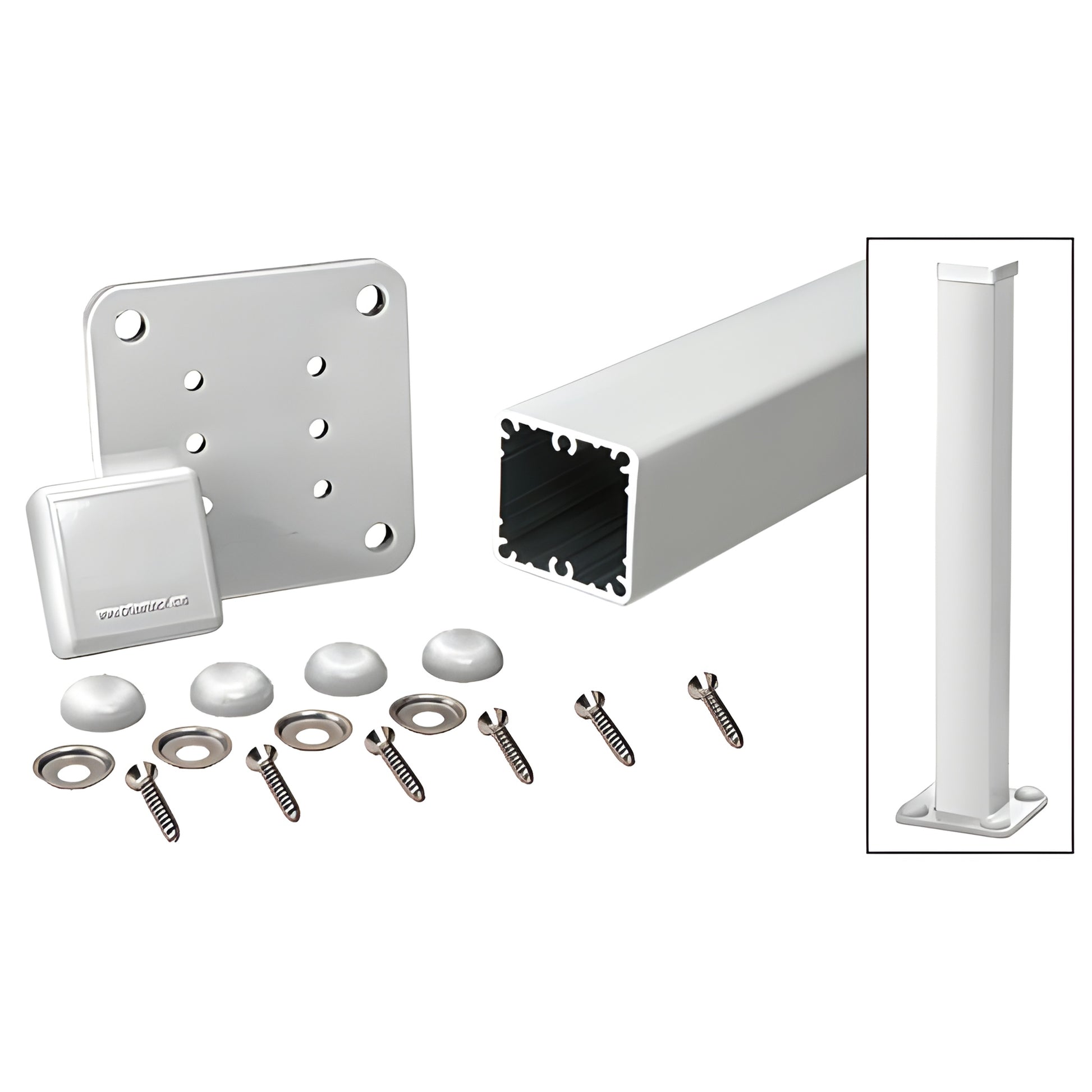 48" aluminum surface-mount square post kit (SKU 1P48KS) white/silver with base plate, post cap, gasket, washers and screws.