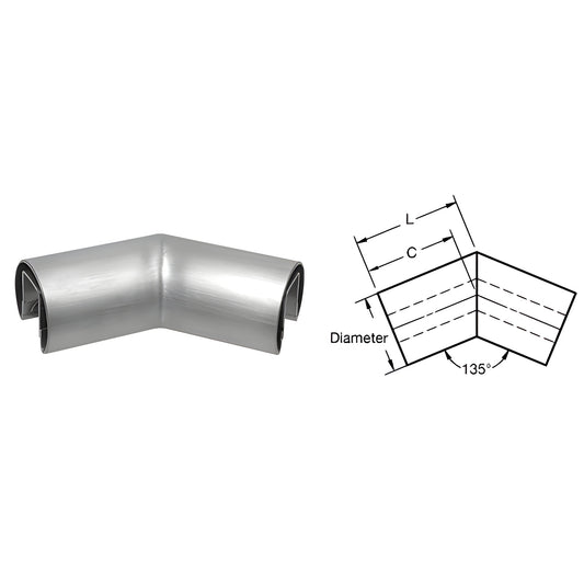 Brushed stainless steel 135 cap rail horizontal corner, 2-1/2" diameter for 1/2"-5/8" glass. SKU GR25H3BS