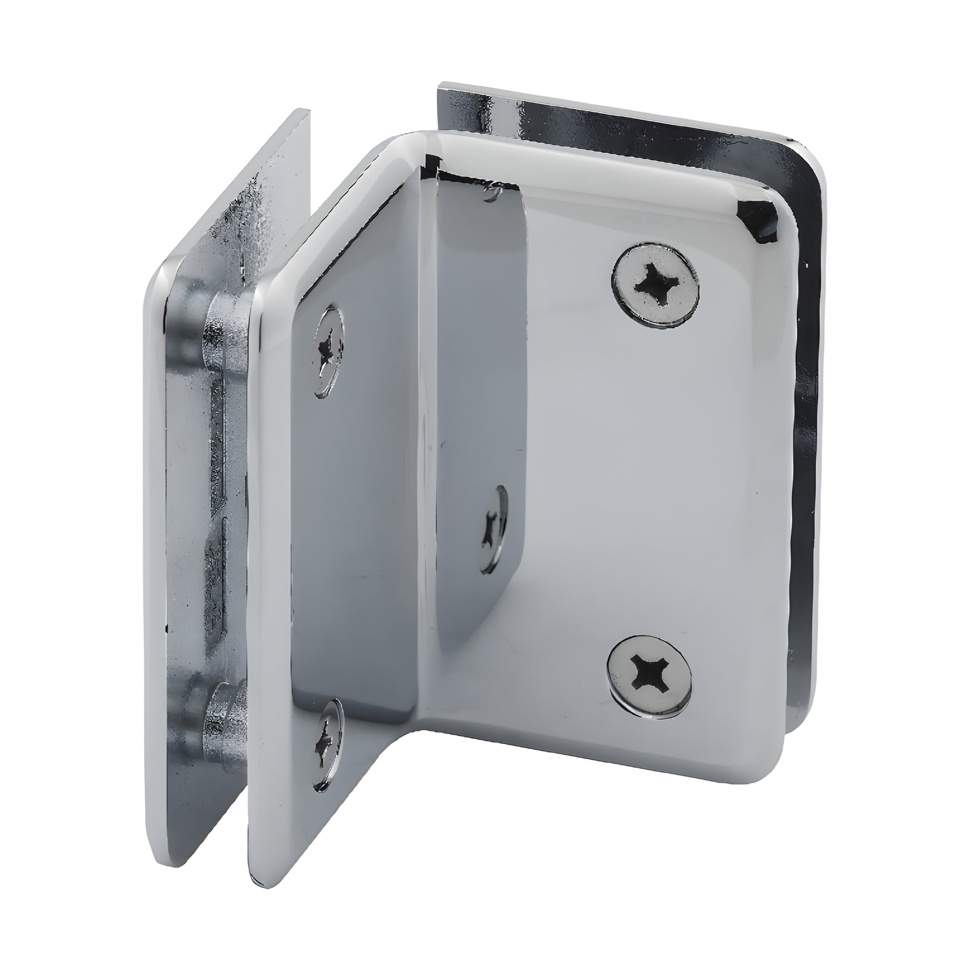 P1090CH polished chrome 90 glass-to-glass brass clamp for 8-12 mm glass, beveled-edge shower/shelf connector