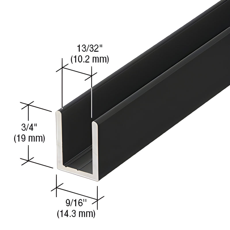 SDCD38BL gloss black aluminum deep U channel (95") for 3/8" (10 mm) glass, 3/4" H x 9/16" W, deep pocket.