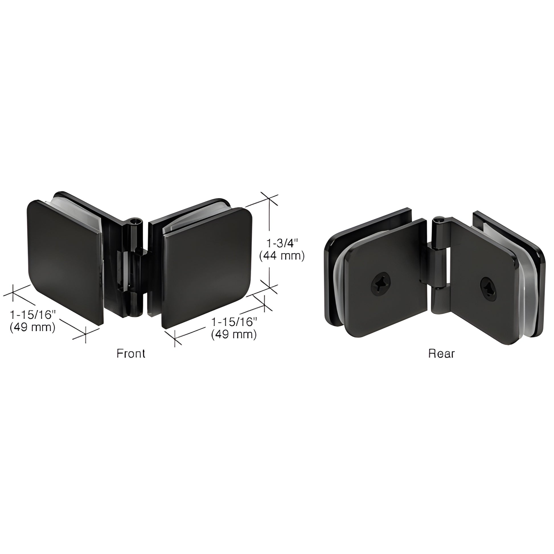 Matte black adjustable brass glass-to-glass clamp ADJ180MBL, fits 8-12mm tempered glass, front and rear views