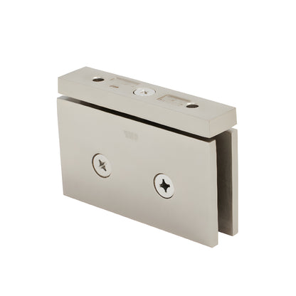 CAR01BN Cardiff brushed nickel square pivot hinge for frameless glass shower doors, solid brass, top-and-bottom mount.