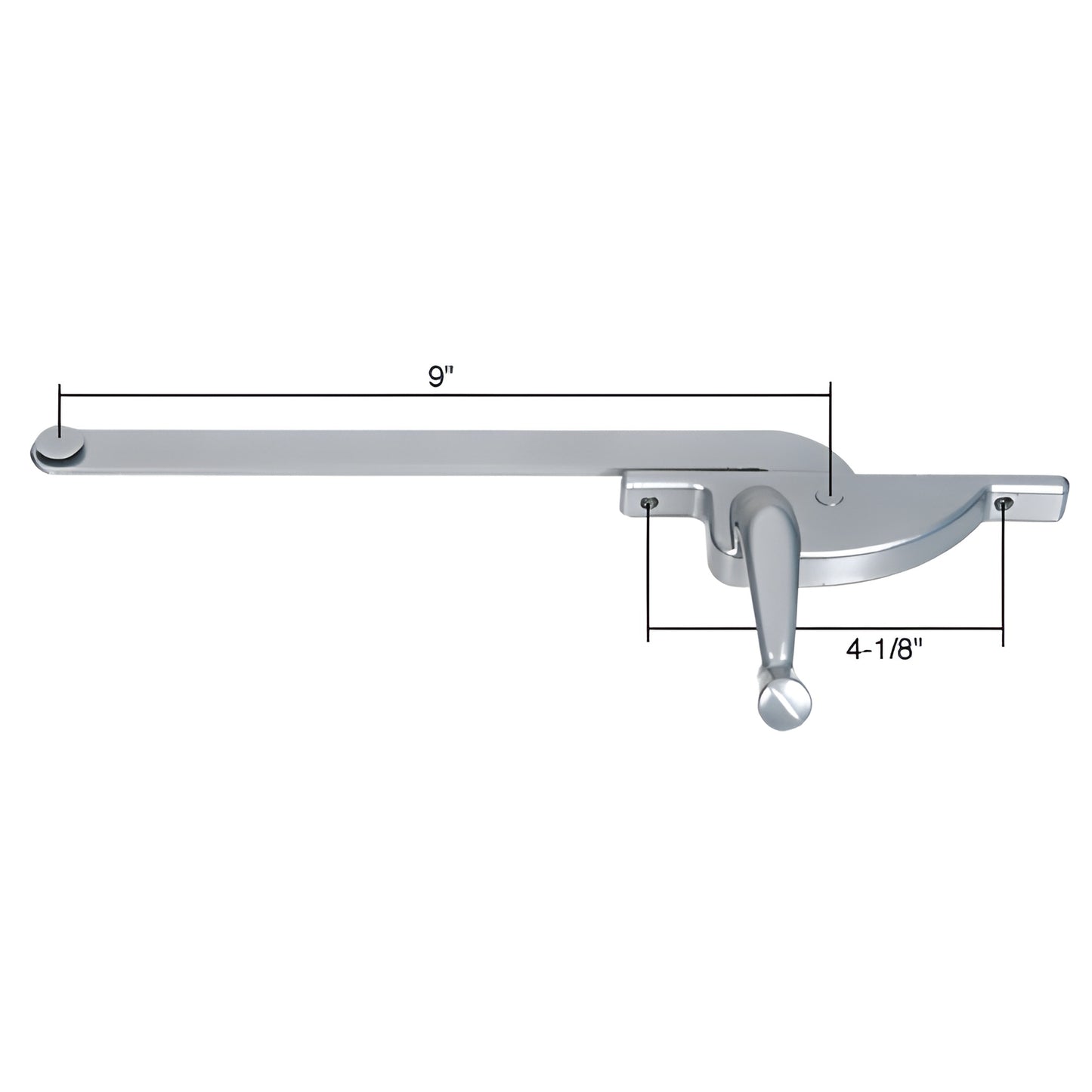 WCM583 CRL right-hand casement window operator, 9 in arm, die-cast teardrop housing, 4-1/8 in mounting spacing, silver finish