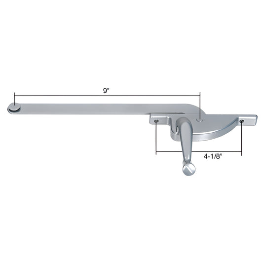 WCM583 CRL right-hand casement window operator, 9 in arm, die-cast teardrop housing, 4-1/8 in mounting spacing, silver finish