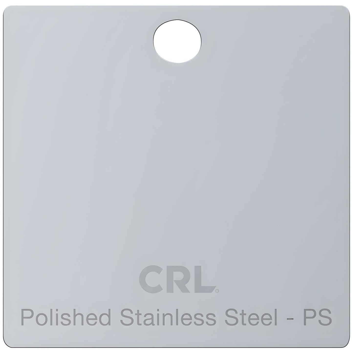 CH2PPS polished stainless steel finish sample chip with keyhole and CRL logo.